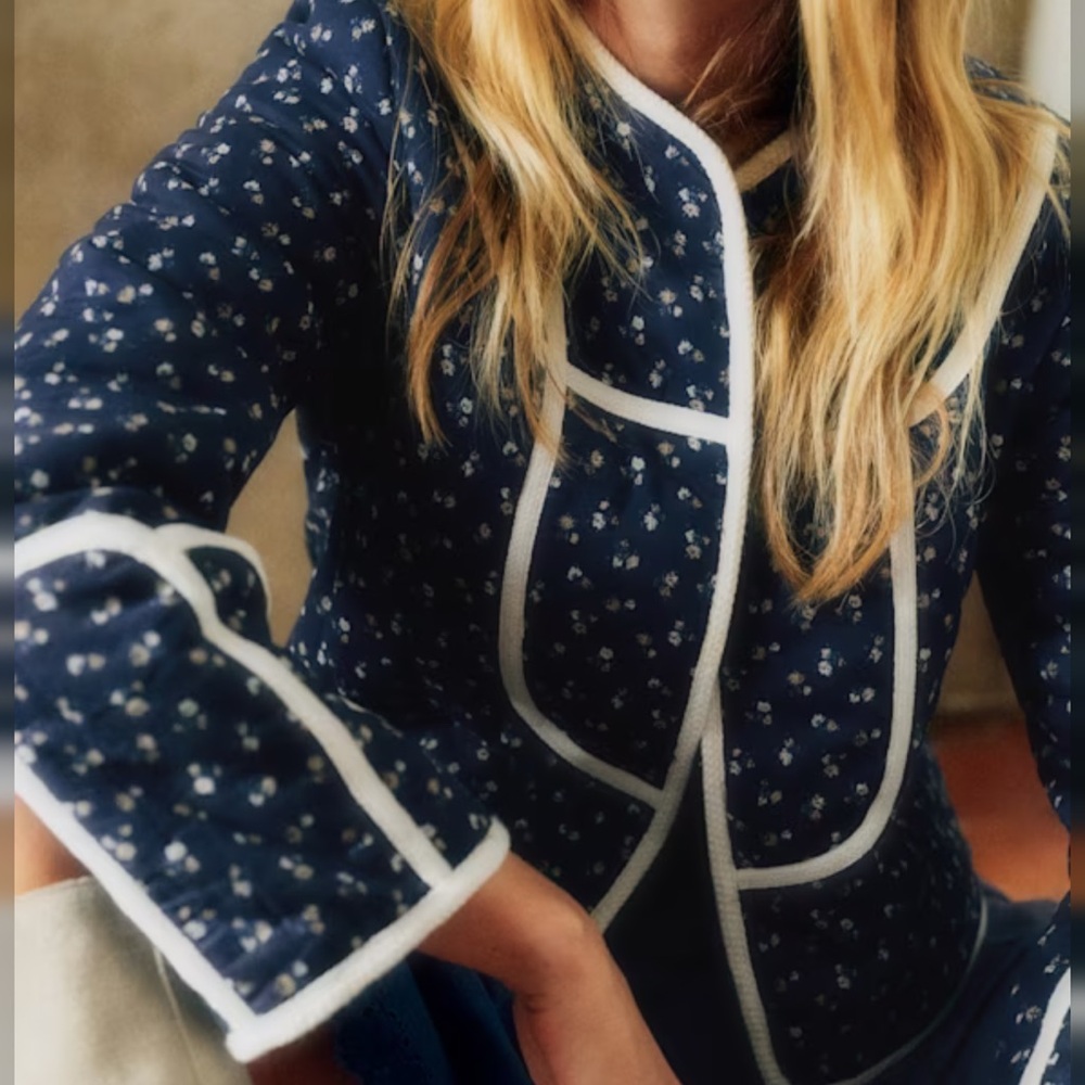 🌼Sezane ESBEN JACKET in Marine Floral Navy Jacket with White Trim - Picture 2 of 9